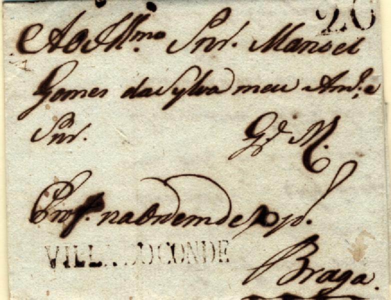 24Lis0594.jpg -     Lote:    594            Portugal       Descrição:      Villa do Conde   &mdash; A sépia, GM VDC1, em carta datada de Vila do Conde (17.01.1803) para Braga, com o porte de 20 reis batido a sépia.        Carta       Valor Base:     &euro; 40,00     Valor Venda:     &euro; 50,00     