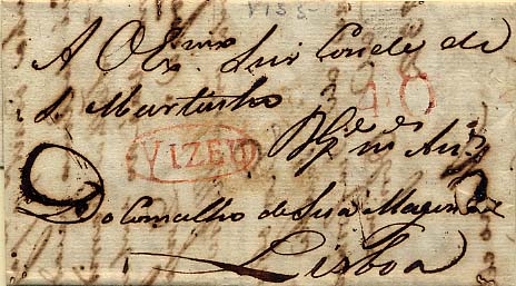 24Lis0598.jpg -     Lote:    598            Portugal       Descrição:      Vizeu   &mdash; A vermelho, GM VIS5, em carta datada de Viseu (05.08.1832) para Lisboa, com o porte de 40 reis batido também a vermelho.        Carta       Valor Base:     &euro; 8,00     Valor Venda:     &euro; 14,00     