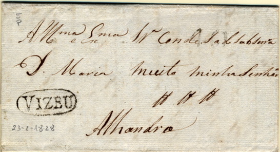 24Lis0599.jpg -     Lote:    599            Portugal       Descrição:      Vizeu   &mdash; A preto, GM VIS5, em carta datada de Satão (23.02.1828) para Lisboa com o porte batido a preto de 40 reis.         Carta       Valor Base:     &euro; 8,00     Valor Venda:     &euro; 14,00     