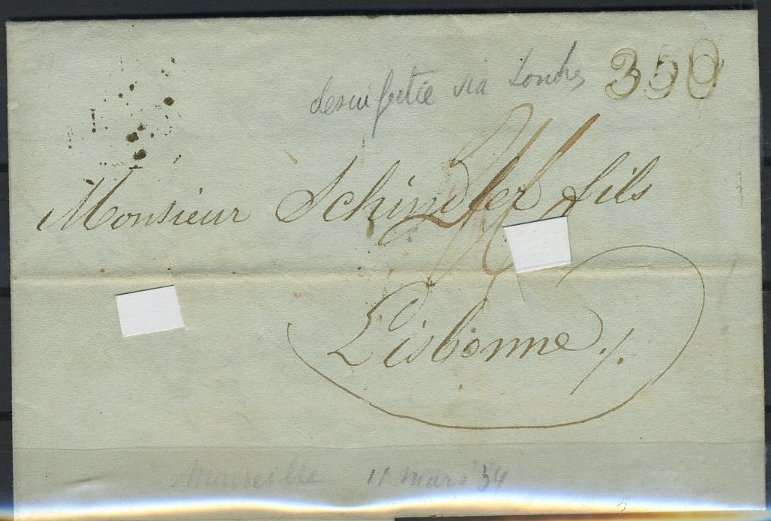 24Lis0602.jpg -     Lote:    602            Portugal       Descrição:      Lisboa (correio desinfectado)   &mdash; A sépia GM LSB14 (verso), em carta circulada de Londres (19.03.1834) para Lisboa (26.03.1834) com o porte de 350 reis batido a sépia.        Carta       Valor Base:     &euro; 50,00     Valor Venda:     &euro; 50,00     