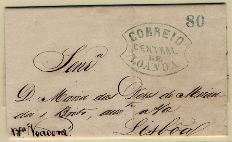 24Lis0604.jpg -     Lote:    604            Angola       Descrição:      Correio Central de Loanda   . Batida a verde em carta circulada de Luanda (07.09.51) para Lisboa (08.11.51) pela Barca Voadora. Porte de 80 reis batido a verde. MB.        Carta       Valor Base:     &euro; 100,00     Valor Venda:     &euro; 380,00     