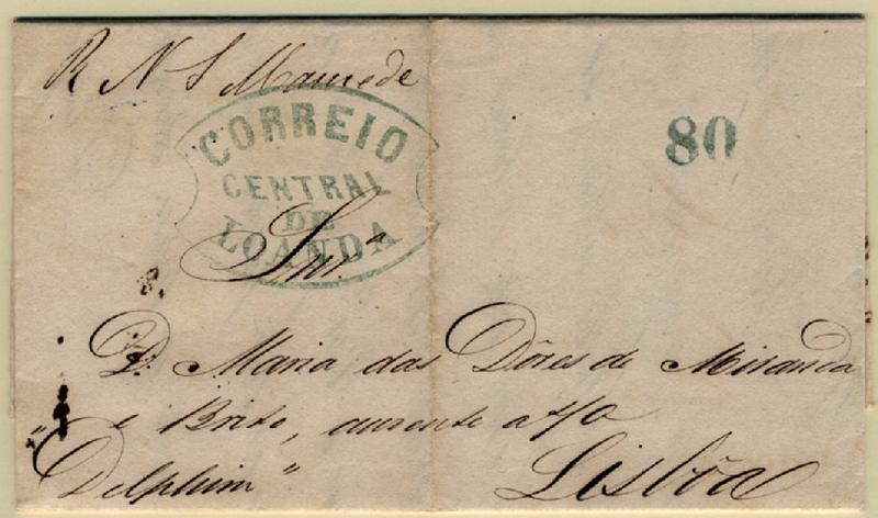 24Lis0605.jpg -     Lote:    605            Angola       Descrição:      Correio Central de Loanda   . Batida a verde em carta circulada de Luanda (10.08.51) para Lisboa (08.11.51) pelo brigue português Delphim. Porte de 80 reis batido a verde. MB.        Carta       Valor Base:     &euro; 100,00     Valor Venda:     &euro; 340,00     