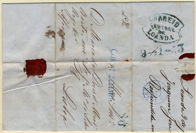 24Lis0606.jpg -     Lote:    606            Angola       Descrição:      Correio Central de Loanda, com datador autónomo.   Batida a verde. Carta circulada de Luanda (09.01.53) para Lisboa (09.03.53) pelo brigue Africano, com o porte de 80 reis. Obliterado à chegada com carimbo batido a azul COR.º MARÍTIMO * GM LSB CM1. Inscrição manuscrita "LL" da pequena posta de Lisboa. São conhecidos apenas dois exemplares com esta marca datada.        Carta       Valor Base:     &euro; 1,000,00     Valor Venda:     &euro; 3900,00     