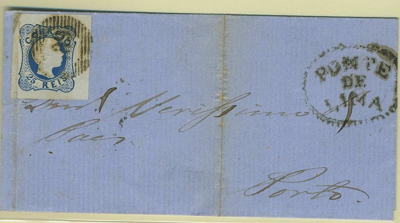 24Lis0609.jpg -     Lote:    609            Portugal       Descrição:         1856/58 &mdash; D. Pedro V, cabelos anelados. CE12, 25 reis azul (linhas duplas) com margens muito largas, circulado em carta remetida de Ponte Lima (01.12.1857) para o Porto (03.12.1857). Carimbo nominativo batido a preto "PONTE DE LIMA".        Carta       Valor Base:     &euro; 20,00     Valor Venda:     &euro; 20,00     