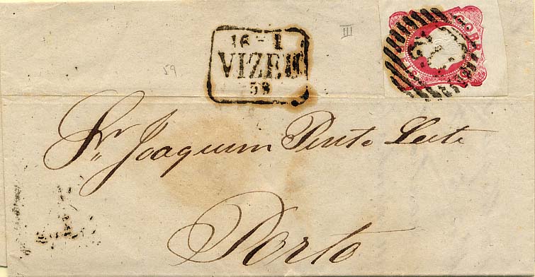 24Lis0611.jpg -     Lote:    611            Portugal       Descrição:         1856/1858 &mdash; D. Pedro V, cabelos anelados. CE13, 25 reis carmim, com largas margens, circulado em carta datada de Vizeu (16.01.1858) para o Porto (18.01.1858), obliterado com carimbo de barras da 1.ª reforma "112", batido a preto.        Carta       Valor Base:     &euro; 8,00     Valor Venda:     &euro; 10,00     