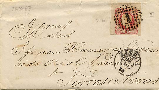 24Lis0613.jpg -     Lote:    613            Portugal       Descrição:         1862/1864 &mdash; D. Luís I. CE16, 25 reis rosa, cunho III, com margens muito largas, circulado em carta remetida de Lisboa (28.10.63) para Torres Novas. MB.        Carta       Valor Base:     &euro; 10,00     Valor Venda:     Retirado     