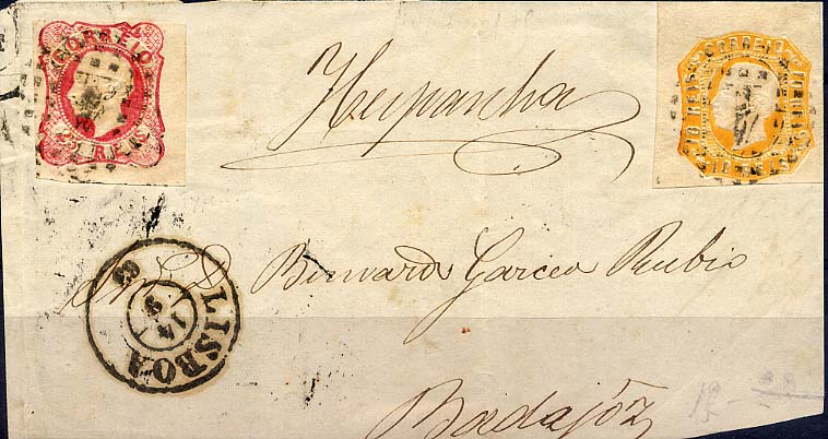 24Lis0614.jpg -     Lote:    614            Portugal       Descrição:         1862/1864 &mdash; D. Luís I. Fragmento de carta remetida de Lisboa (14.06.1863) para Espanha, com selos de 25 reis carmim CE16 e selo de 10 reis amarelo (com margens de luxo), CE15.        FRG       Valor Base:     &euro; 15,00     Valor Venda:     &euro; 15,00     