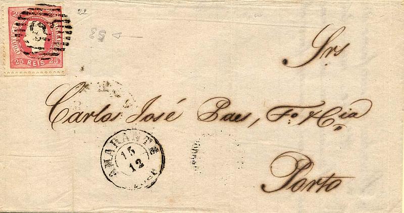 24Lis0616.jpg -     Lote:    616            Portugal       Descrição:         1866/1867 &mdash; D. Luís I. Fita curva, denteado. CE22, 25 reis rosa, em sobrescrito circulado de Amarante (15.12.1868) para o Porto (16.12.1868). Carimbo de barras da 1.ª reforma "53".        Carta       Valor Base:     &euro; 6,00     Valor Venda:     &euro; 6,00     