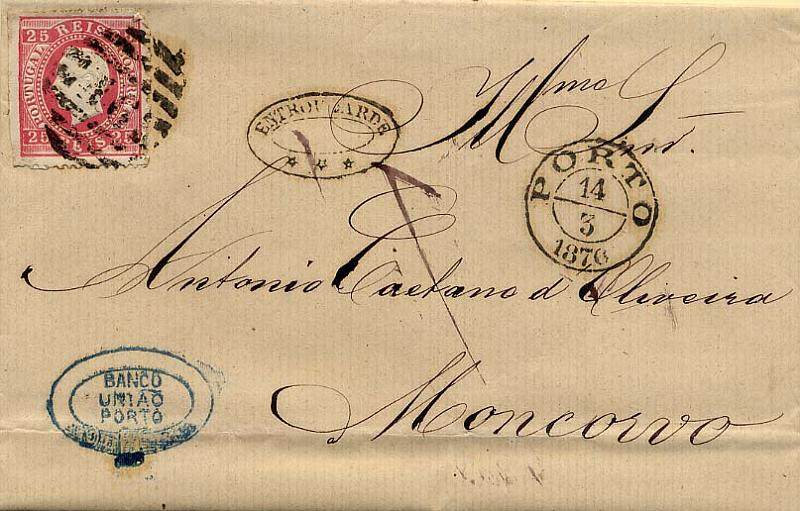 24Lis0618.jpg -     Lote:    618            Portugal       Descrição:         1870/1876 &mdash; D. Luís I. Fita direita. CE40, 25 reis carmim, denteado 12 &frac12;, papel liso, (selo cortado à tesoura), circulado em carta remetida do Porto (14.03.1876) para Moncorvo. Carimbo de dupla oval batido a preto "ENTROU TARDE". MB.        Carta       Valor Base:     &euro; 100,00     Valor Venda:     &euro; 100,00     
