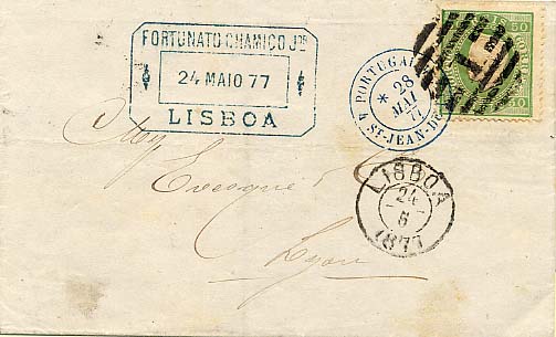 24Lis0620.jpg -     Lote:    620            Portugal       Descrição:         1870/1876 &mdash; D. Luís I. Fita direita. CE41, 50 reis verde, denteado 12 &frac12;, papel liso, circulado em carta remetida de Lisboa (24.05.1877) para Lion (29.05.1877). MB.        Carta       Valor Base:     &euro; 25,00     Valor Venda:     &euro; 25,00     