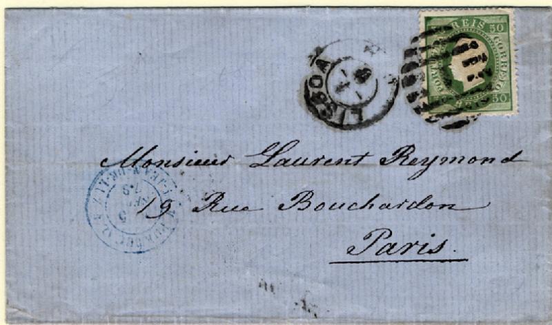 24Lis0621.jpg -     Lote:    621            Portugal       Descrição:         1870/76 &mdash; D. Luís I, fita direita. CE41, 50 reis verde, denteado 13 &frac12;, papel liso em carta circulada de Lisboa (01.08.1878) para Paris, com trânsito por St. Jean de Luz (05.09.78). MB.        Carta       Valor Base:     &euro; 20,00     Valor Venda:     &euro; 20,00     