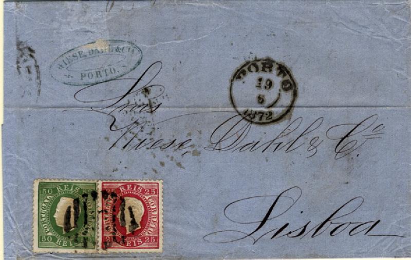24Lis0622.jpg -     Lote:    622            Portugal       Descrição:         1870/76 &mdash; D. Luís I, fita direita. Carta circulada do Porto (19.06.1872) para Lisboa (20.06.1872) com selo de 25 reis carmim, papel liso, denteado 12 &frac12; e selo de 50 reis verde, papel liso, denteado 12 &frac12;. Bonito triplo porte interno.        Carta       Valor Base:     &euro; 30,00     Valor Venda:     Retirado     