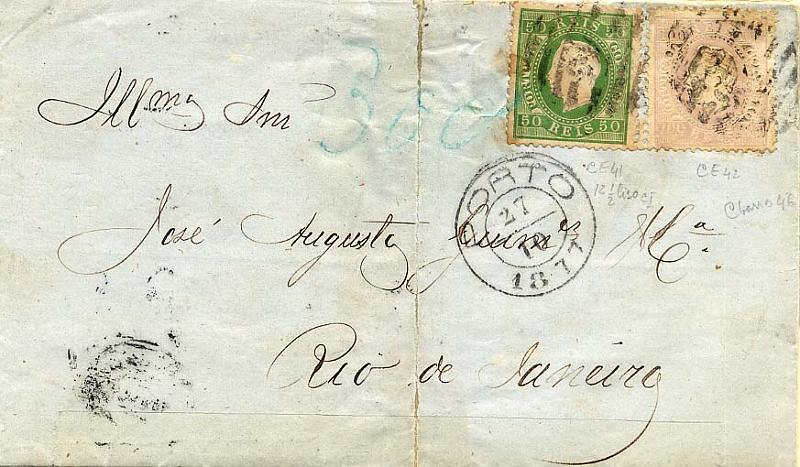 24Lis0623.jpg -     Lote:    623            Portugal       Descrição:         1870/1876 &mdash; D. Luís I. Fita direita. Carta circulada do Porto (27.10.1877) para o Rio de Janeiro (15.11.1877) com trânsito por Lisboa (28.10.1877) &mdash; carimbo de duplo círculo pequeno "CORREIO / 28 OUT 77 / DE LISBOA", com selos de 50 reis verde, denteado 12 &frac12; papel liso CE41 e 100 reis lilás, denteado 12 &frac12;, papel liso CE43.        Carta       Valor Base:     &euro; 25,00     Valor Venda:     Retirado     