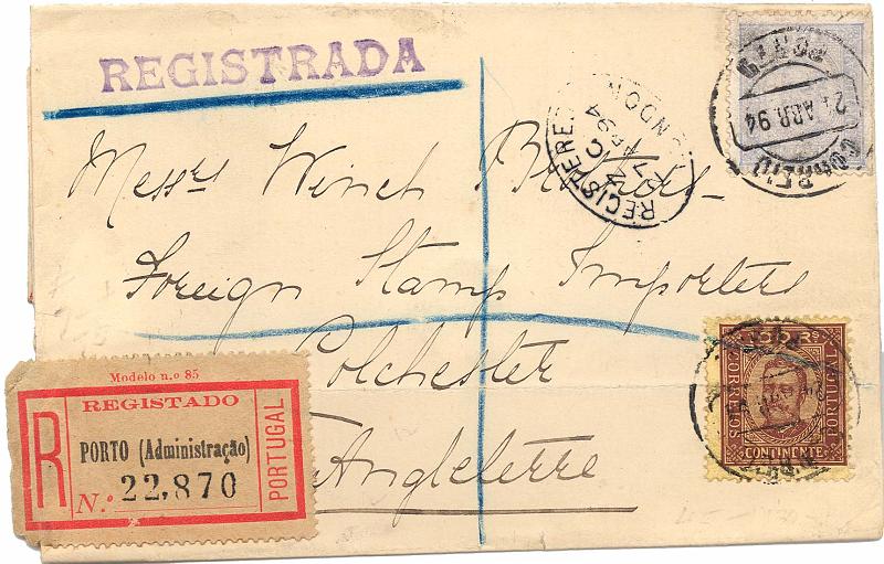 24Lis0630.jpg -     Lote:    630            Portugal       Descrição:         1892/93 &mdash; D. Carlos I tipo Diogo Neto. Sobrescrito registado, circulado do Porto (24.04.94) para Londres (27.04.94), com selo de 100 reis castanho s/amarelo denteado 12 &frac12;, e 50 reis azul claro ou ultramar, denteado 11 &frac12;, papel porcelana. MB.          Carta       Valor Base:     &euro; 40,00     Valor Venda:     &euro; 90,00     