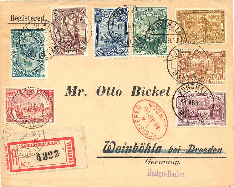 24Lis0634.jpg -     Lote:    634            Portugal       Descrição:         1898 &mdash; 4º Centenário do Descobrimento do Caminho Marítimo para a Índia. Carta registada com a série completa CE 148 a CE 155 remetida do Funchal, Madeira em 11.04.98. para a Alemanha (17.04.98). Trânsito em Londres (16.04.98).        Carta       Valor Base:     &euro; 150,00     Valor Venda:     &euro; 150,00     