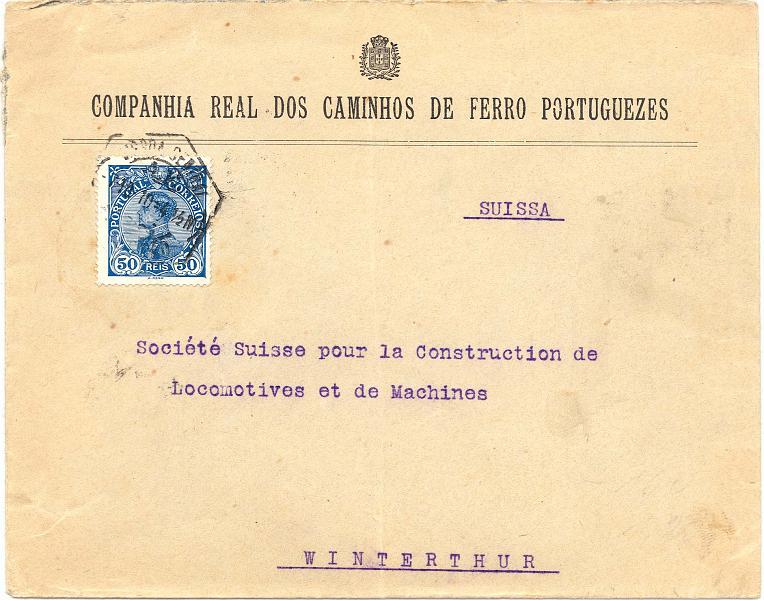 24Lis0635.jpg -     Lote:    635            Portugal       Descrição:         1910 &mdash; D. Manuel II. Sobrescrito timbrado da Companhia Real dos Caminhos de Ferro Portugueses, franquiada com selo de 50 reis CE 162, de Lisboa (7-10-1910) para Winterthur, na Suíça (12-10-1910).          Carta       Valor Base:     &euro; 25,00     Valor Venda:     &euro; 28,00     
