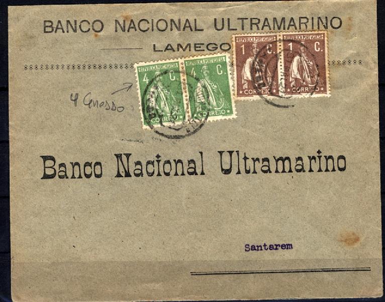 24Lis0641.jpg -     Lote:    641            Portugal       Descrição:         1917/1920 &mdash; Ceres. Sobrescrito circulado de Lamego (31.05.31) para Santarém (01.06.21) com par de selos de 1c castanho, denteado 15x14 + par de selos de 4c verde, denteado 12x 11 &frac12;. Um dos selos com a variedade "4 GROSSO". Variedade de cliché XXVI. MB e MR.        Carta       Valor Base:     &euro; 200,00     Valor Venda:     Retirado     
