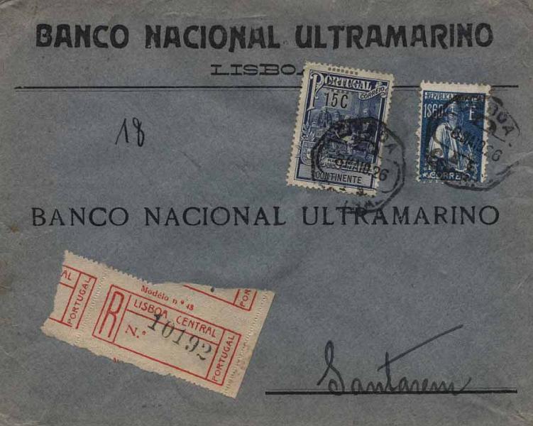 24Lis0644.jpg -     Lote:    644            Portugal       Descrição:         1926 &mdash; Imposto Postal * Monumento ao Marquês de Pombal + Ceres. Sobrescrito circulado registado de Lisboa (08.05.26) para Santarém (08.05.26) com selo Ceres de 1$60 CE291 e selo do Imposto Postal de 15c (Plano) CE IP19, ambos perfurados com BNU. MB e R.        Carta       Valor Base:     &euro; 20,00     Valor Venda:     Retirado     