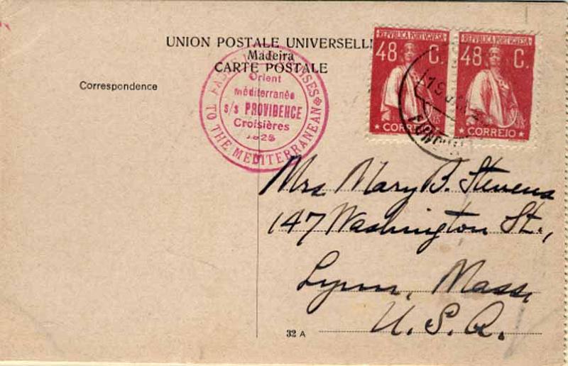 24Lis0647.jpg -     Lote:    647            Portugal       Descrição:         1924/26 &mdash; Ceres. Postal ilustrado circulado do Funchal (19.01.25) para os EUA, com  par de selos de 46C rosa, CE284. MB e R.        PI       Valor Base:     &euro; 50,00     Valor Venda:     Retirado     