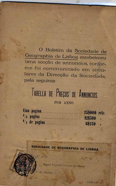 24Lis0674.jpg -     Lote:    674            Portugal       Descrição:         1904 &mdash; Porte Franco. Sociedade de Geografia de Lisboa. Boletim da Sociedade circulado em Lisboa (15.04.1904) com selo CE SGL01. Alguns vestígios de ferrugem.        Livro       Valor Base:     &euro; 25,00     Valor Venda:     &euro; 25,00     