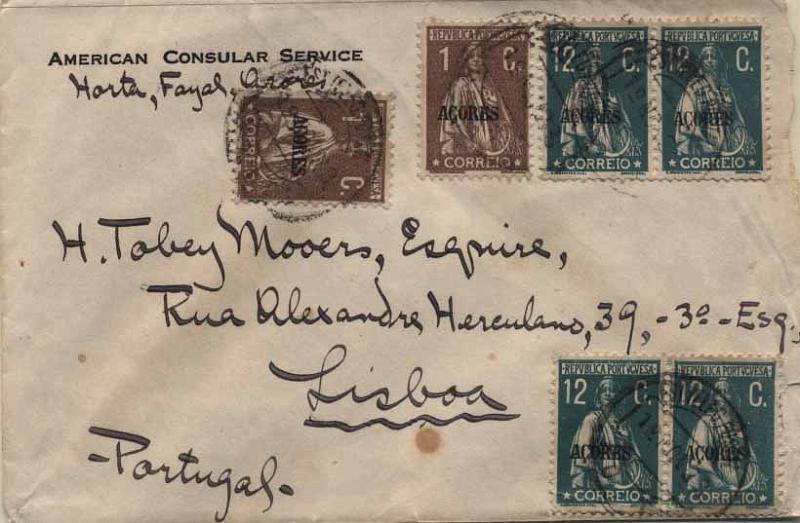 24Lis0678.jpg -     Lote:    678            Açores       Descrição:         1918/24 &mdash; Ceres. Selos do Continente com sobrecarga AÇORES. Sobrescrito circulado da Horta (12.11.23) para Lisboa com dois selos de 1C castanho CE164 e 4 selos de 12C verde CE179.        Carta       Valor Base:     &euro; 20,00     Valor Venda:     &euro; 32,00     