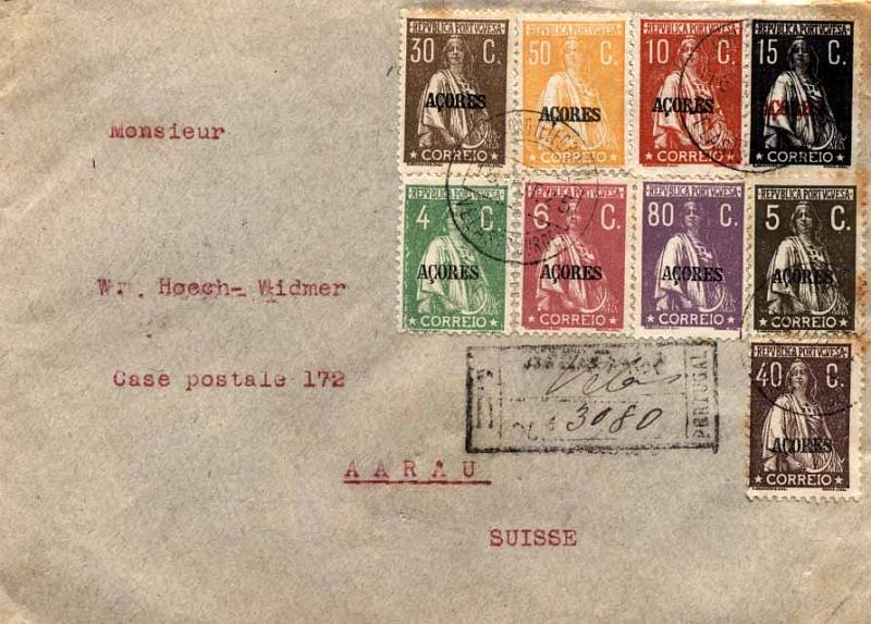 24Lis0680.jpg -     Lote:    680            Horta       Descrição:         1912/26 &mdash; Ceres. Selos do Continente com sobrecarga AÇORES. Sobrescrito circulado registado de Velas (16.10.25) para a Suiça (28.10.25) com trânsito por Lisboa (26.10.25) com selos de 30C CE182, 50C CE184, 10C CE158, 15C CE193, 4C CE169, 6C CE171, 80C CE186, 5C CE170 E 40C CE205. Porte total de 2$40 (1.º porte + registo). Carimbo circular datado batido a preto "ESTAÇÃO TELEG. POSTAL / VELAS (S. JORGE)". MB.        Carta       Valor Base:     &euro; 75,00     Valor Venda:     &euro; 75,00     