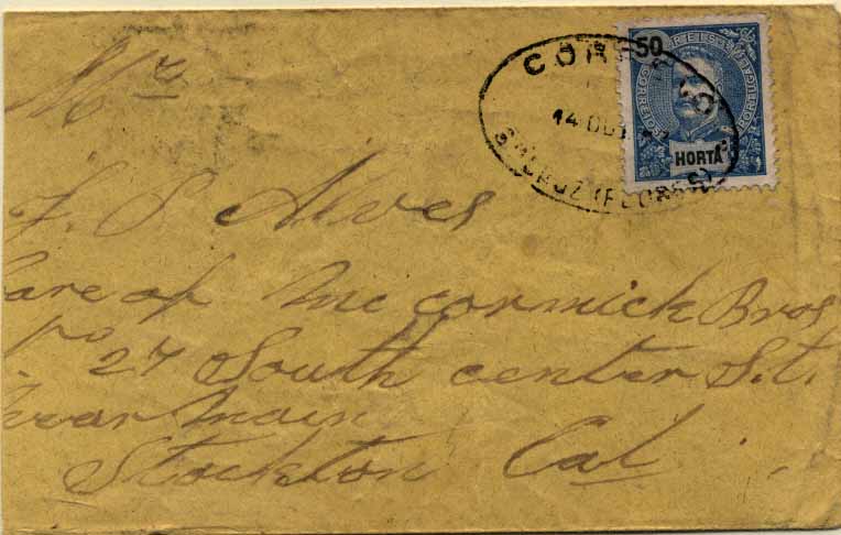 24Lis0681.jpg -     Lote:    681            Horta       Descrição:         1897 &mdash; D. Carlos I Mouchon. CE19, 50 reis azul, circulado em sobrescrito de St.ª Cruz * Flores (14.10.97) para os EUA (03.11.97) e trânsito por Lisboa (24.10.97). Carimbo de dupla oval batido a preto de Sta CRUZ (FLORES).        Carta       Valor Base:     &euro; 30,00     Valor Venda:     &euro; 30,00     