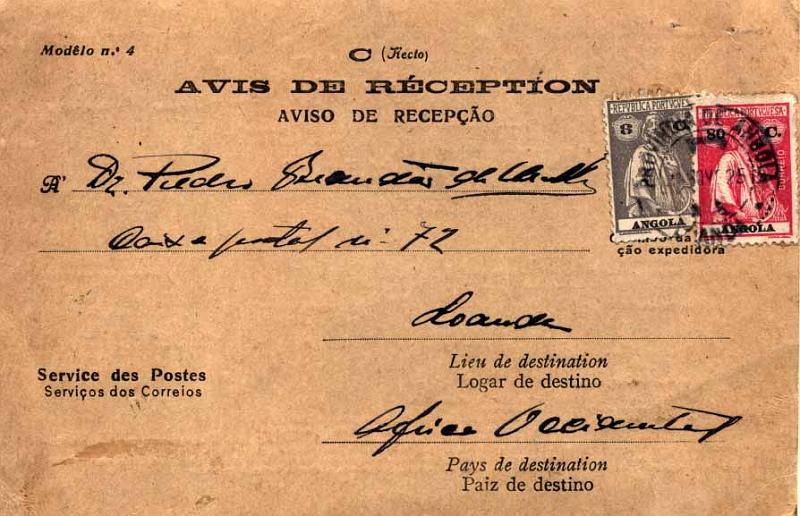 24Lis0689.jpg -     Lote:    689            Angola       Descrição:         1914/22 &mdash; Ceres. Aviso de Recepção de carta circulada de Luanda (17.11.25) para Parede (08.12.25) e devolvido a Luanda (07.01.26) com selos de 8C cinzento violeta CE150 + 80C rosa carmim CE209. B.        AR       Valor Base:     &euro; 15,00     Valor Venda:     &euro; 26,00     