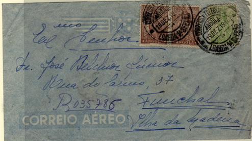 24Lis0691.jpg -     Lote:    691            Angola       Descrição:         1932 &mdash; Ceres. Novo tipo. Sobrescrito circulado registado por via aérea de Luanda (19.12.46) para o Funchal (20.12.46) com par de selos de 50C castanho CE236 e selo de 5A verde amarelo CE244.        Carta       Valor Base:     &euro; 8,00     Valor Venda:     Retirado     