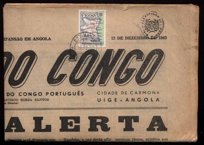 24Lis0692.jpg -     Lote:    692            Angola       Descrição:         1955 &mdash; Mapa de Angola. Jornal do Congo de 12.12.1963, circulado de Carmona (18.12.63) para Lisboa com selo de $05, CE379. MR.        JRN       Valor Base:     &euro; 10,00     Valor Venda:     &euro; 40,00     