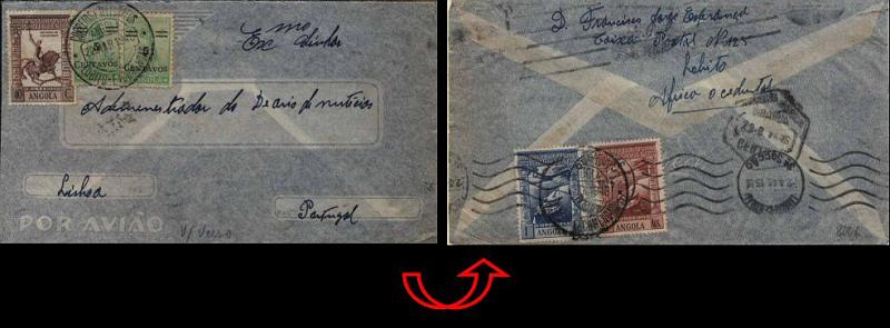 24Lis0693.jpg -     Lote:    693            Angola       Descrição:         1938/ 45 &mdash; Correio Aéreo. Império Colonial Português + Ceres com sobretaxa. Sobrescrito circulado por via aérea do Lobito (22.03.46) para Lisboa (02.04.46) com trânsito por Luanda 823.03.46) com selos CE CA4 e 7 (porte aéreo) + CE265 e 2xCE285 (porte ordinário).        Carta       Valor Base:     &euro; 8,00     Valor Venda:     &euro; 16,00     