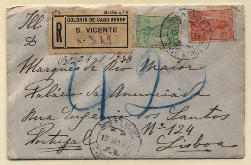 24Lis0695.jpg -     Lote:    695            Cabo Verde       Descrição:         1934 &mdash; Ceres. Novo tipo. Sobrescrito circulado registado de S. Vicente (13.01.38) para Lisboa (22.01.38) com selos de 40 e 80C CE205 e 210. MB.        Carta       Valor Base:     &euro; 10,00     Valor Venda:     &euro; 18,00     