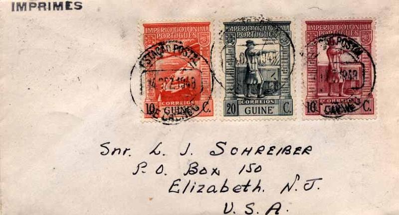24Lis0696.jpg -     Lote:    696            Guiné       Descrição:         1938 &mdash; Império Colonial Português. Sobrescrito circulado de Cacheu (14.12.48) para os EUA, com trânsito por Lisboa (31.12.48) com selos de 10C e 20 C CE225 e 227 + 10C CE CA1. Porte de impressos.        Carta       Valor Base:     &euro; 15,00     Valor Venda:     &euro; 24,00     