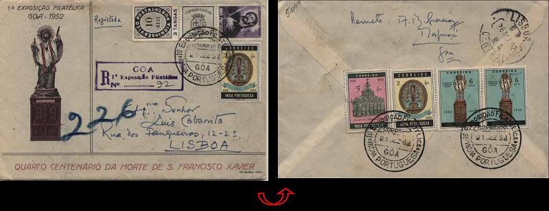 24Lis0700.jpg -     Lote:    700            Índia       Descrição:         1952 &mdash; 4.º Centenário da Morte de S. Francisco Xavier + 1.ª Exposição Filatélica de Goa. Sobrescrito circulado registado de Goa (21.12.52) para Lisboa (26.12.52), comemorativo da 1.ª Exposição Filatélica de Goa (1952) com selos CE429/430 (tira completa), CE427(2), CE426(2) e CE428. Carimbo comemorativo da 1.ª Exposição batido a preto + carimbo de registo também da exposição batido a violeta. MB e R.        Carta       Valor Base:     &euro; 25,00     Valor Venda:     &euro; 50,00     