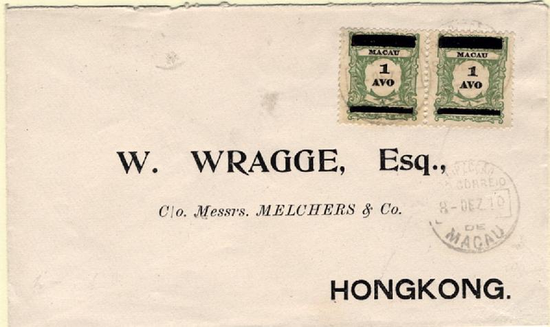 24Lis0702.jpg -     Lote:    702            Macau       Descrição:         1910 &mdash; Selos de porteado, com sobrecarga. CE142, 1 avo verde amarelo. Sobrescrito circulado de Macau (08.12.10) para Hong-Kong com par de selos. MB.        Carta       Valor Base:     &euro; 50,00     Valor Venda:     Retirado     