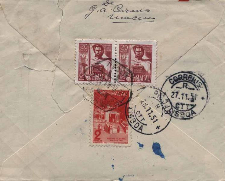 24Lis0704.jpg -     Lote:    704            Macau       Descrição:         1948/1951 &mdash; Motivos locais + Vultos do Oriente. Sobrescrito circulado registado de Macau (23.11.51) para Lisboa (27.11.51) com selo de 2 Patacas CE336 + 2 selos de 20 avos CE360.        Carta       Valor Base:     &euro; 15,00     Valor Venda:     &euro; 30,00     