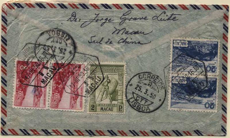 24Lis0705.jpg -     Lote:    705            Macau       Descrição:         1938/48 &mdash; Império Colonial Português + Motivos locais. Sobrescrito circulado registado de Macau (17.03.50) para Lisboa (25.03.50) com selos de 2P CE303, par de 8 avos CE330 e par de 20 avos CE332.        Carta       Valor Base:     &euro; 10,00     Valor Venda:     &euro; 32,00     
