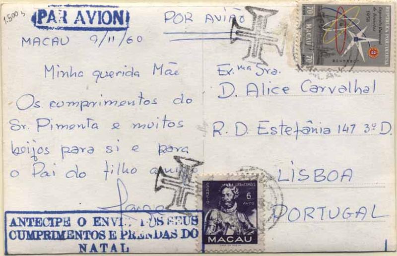24Lis0707.jpg -     Lote:    707            Macau       Descrição:         1951/58&mdash; Vultos do Oriente + Exposição Universal de Bruxelas. Postal ilustrado circulado de Macau (09.11.60) para Lisboa com selos de 6 avos CE358 e selo de 70 avos CE394,        PI       Valor Base:     &euro; 8,00     Valor Venda:     &euro; 22,00     