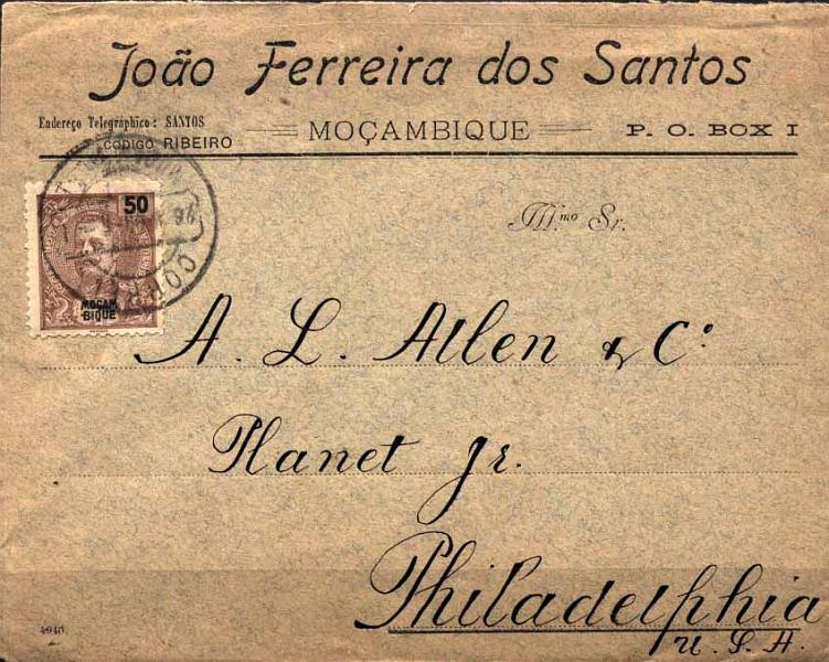 24Lis0711.jpg -     Lote:    711            Moçambique       Descrição:         1903 &mdash; D. Carlos I Mouchon. Sobrescrito circulado de Moçambique (26.05.1904) para os EUA, com selo de 50 reis castanho, CE96. Primeiro porte para o estrangeiro.        Carta       Valor Base:     &euro; 10,00     Valor Venda:     &euro; 10,00     