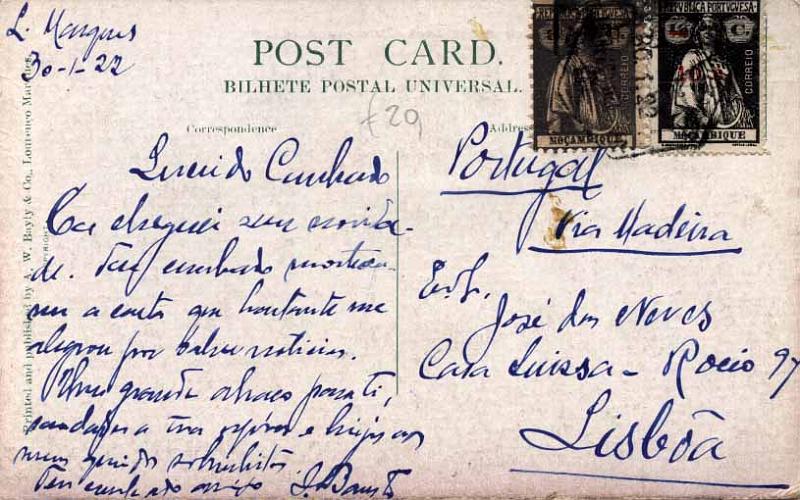 24Lis0712.jpg -     Lote:    712            Moçambique       Descrição:         1913/1922 &mdash; Ceres + Ceres com sobretaxa. Postal ilustrado circulado de Lourenço Marques (30.01.1922) para Lisboa, com selo de 8c ardósia CE161 + 10c s/ &frac12; c preto, CE234. Raro porte de 18c para o Continente.        PI       Valor Base:     &euro; 20,00     Valor Venda:     &euro; 50,00     