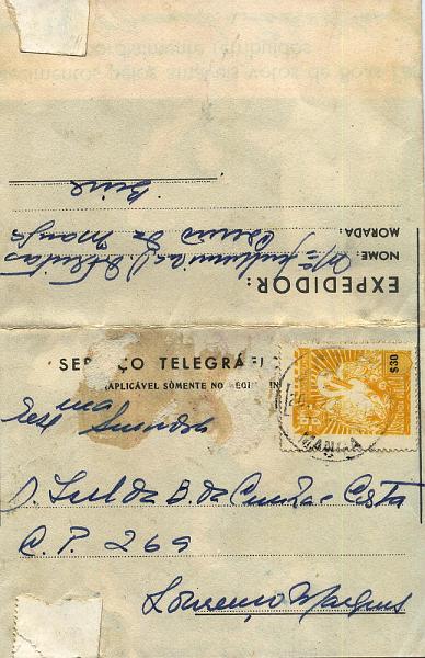 24Lis0715.jpg -     Lote:    715            Moçambique       Descrição:         1958 &mdash; Imposto Postal. Tipo Pelicano. Legenda "Província de Moçambique. Autógrafo de Boas Festas BF1, OM29, circulado internamente da Manga (20.12.60) para Lourenço Marques com selo do Imposto Postal de $30 amarelo CE IP60.        IC       Valor Base:     &euro; 15,00     Valor Venda:     &euro; 32,00     