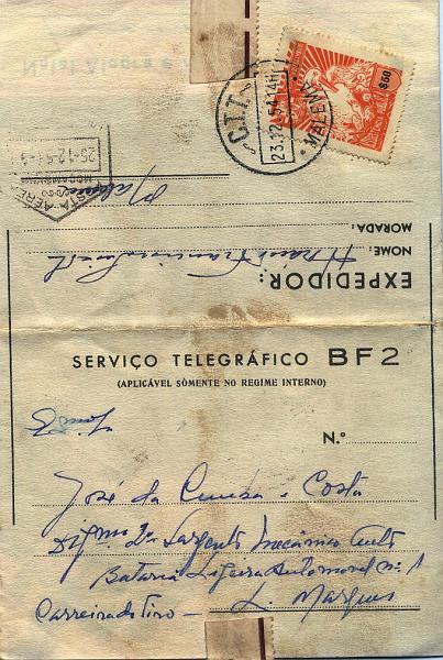 24Lis0717.jpg -     Lote:    717            Moçambique       Descrição:         1952/56 &mdash; Imposto Postal. Tipo Pelicano. Legenda "Província de Moçambique. Autógrafo de Boas Festas BF2, OM12, circulado internamente de Malema (23.12.54) para Lourenço Marques (25.12.54) com selo do Imposto Postal de $50 laranja CE IP54.        IC       Valor Base:     &euro; 15,00     Valor Venda:     &euro; 100,00     