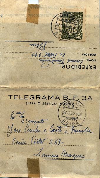 24Lis0718.jpg -     Lote:    718            Moçambique       Descrição:         1952/56 &mdash; Imposto Postal. Tipo Pelicano. Legenda "Província de Moçambique. Autógrafo de Boas Festas BF3, OM16, circulado internamente da Beira (22.12.56) para Lourenço Marques com selo do Imposto Postal de $50 verde oliva CE IP55.        IC       Valor Base:     &euro; 15,00     Valor Venda:     &euro; 36,00     