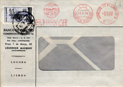 24Lis0720.jpg -     Lote:    720            Moçambique       Descrição:         1965 &mdash; Imposto Postal * Rede de Telecomunicações. Sobrescrito de janela, circulado de Lourenço Marques (23.04.70) com franquia mecânica publicitária do BCCI de 1$00 + selo de imposto postal de $50 preto e azul CE IP69.        Carta       Valor Base:     &euro; 10,00     Valor Venda:     Retirado     