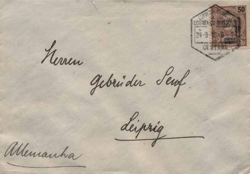 24Lis0722.jpg -     Lote:    722            Lourenço Marques       Descrição:         1903 &mdash; D. Carlos I Mouchon. Sobrescrito circulado de Lourenço Marques (24.09.10) para a Alemanha, com selo de 50 reis castanho, CE71. Primeiro porte para o estrangeiro.        Carta       Valor Base:     &euro; 10,00     Valor Venda:     Retirado     