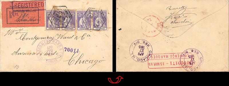24Lis0723.jpg -     Lote:    723            Lourenço Marques       Descrição:         1914 &mdash; Ceres. Carta circulada registada de Chai-Chai, Moçambique (10-03-1915) para os EUA (19-4-15) com trânsito em Londres com 4 selos de 2 &frac12; ctvs tipo Ceres de Lourenço Marques CE 122. No verso do sobrescrito, carimbo de registo de L. Marques, rectangular, a vermelho com n.º de registo e data. MB.         Carta       Valor Base:     &euro; 100,00     Valor Venda:     &euro; 100,00     