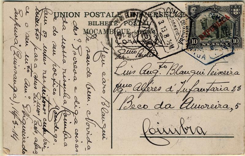 24Lis0729.jpg -     Lote:    729            Companhia do Niassa       Descrição:         1911 &mdash; D. Manuel II. Motivos diversos, com sobrecarga REPUBLICA. CE54, 10 reis verde em postal ilustrado circulado de Quissanga (14.03.14) para Coimbra, com trânsito por IBO (20.12.13 * erro de datador). Carimbos hexagonais de IBO (preto) e QUISSANGA (azul). MB e R.        PI       Valor Base:     &euro; 30,00     Valor Venda:     &euro; 65,00     