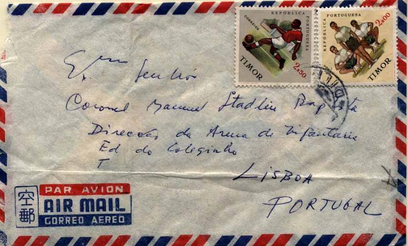 24Lis0736.jpg -     Lote:    736            Timor       Descrição:         1962 &mdash; Modalidades desportivas. Sobrescrito circulado de Dili para Lisboa com selos de 2$00 e 2$50, CE331/332.        Carta       Valor Base:     &euro; 5,00     Valor Venda:     Retirado     