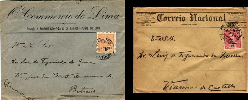 24Lis0752.jpg -     Lote:    752                   Descrição:         Cartas Publicitárias. Jornais. Lote de duas cartas circuladas com selos de D. Carlos I Mouchon de 5 e 25 reis, com publicidade ao Correio Nacional (Jornal da Tarde) e O Comércio do Lima. MB.        Carta       Valor Base:     &euro; 8,00     Valor Venda:     Retirado     