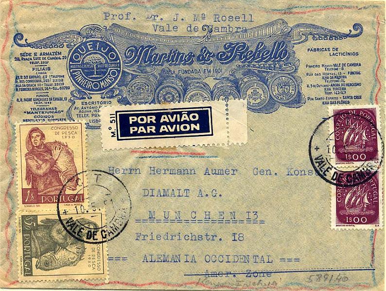 24Lis0753.jpg -     Lote:    753                   Descrição:         Cartas publicitárias * Alimentação. Sobrescrito ilustrado da empresa Martins & Rebelo, circulado de Vale de Cambra (10.05.51) para a Alemanha, com selos de $50 e 1$00 Congresso das Pescas + 2 x 1$00 Caravelas. MB.        Carta       Valor Base:     &euro; 6,00     Valor Venda:     &euro; 6,00     